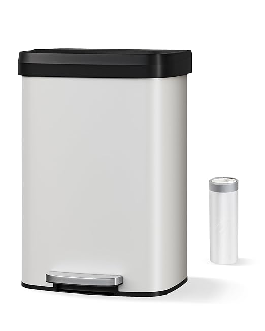 Garvee 13 gal / 50 L Metal Trash Can with Lid, Large Garbage Can for Kitchen, Rustproof Step-on Kitchen Metal Trash Bin with Liner Rim, Rear Handle, Soft Close Plastic Lid, White