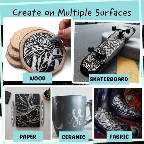 4 Acrylic Metallic Silver Paint Pen (Dual Tip) - Fine Tip & Medium, Acrylic Paint Markers - Silver Metallic Marker for Rock Painting, Canvas, Wood, Glass, Fabric, Metal and Plastic - Water-based Ink