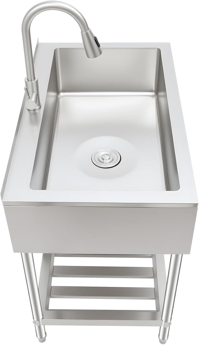 LOYALHEARTDY Stainless Steel Utility Sink 35.8" with Hose Hook Up ，Heavy-Duty Outdoor Sink Station for Laundry/Camping/Outdoor Kitchen, 201 SS Hand Washing Station & Kitchen Basin