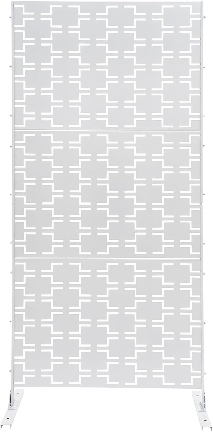 75" H×35" W Decorative Outdoor Privacy Screen with Stand, Outdoor Decor Privacy Fence Screen Metal Fence Panels, Free Standing Metal Divider for Patio Lawn Deck (White-Rectangular)