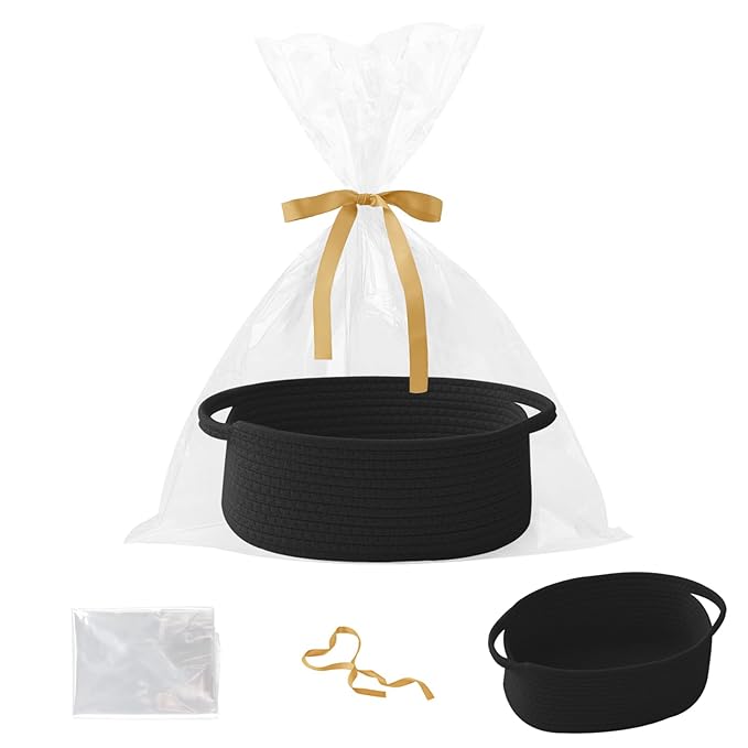 Gift Basket with Gift Bag and Ribbons,Small Rope Woven Shelf Storage,Baskets for Gifts Empty,Birthday,Baby Shower,Decorative Organizer Box with Handles(Black)