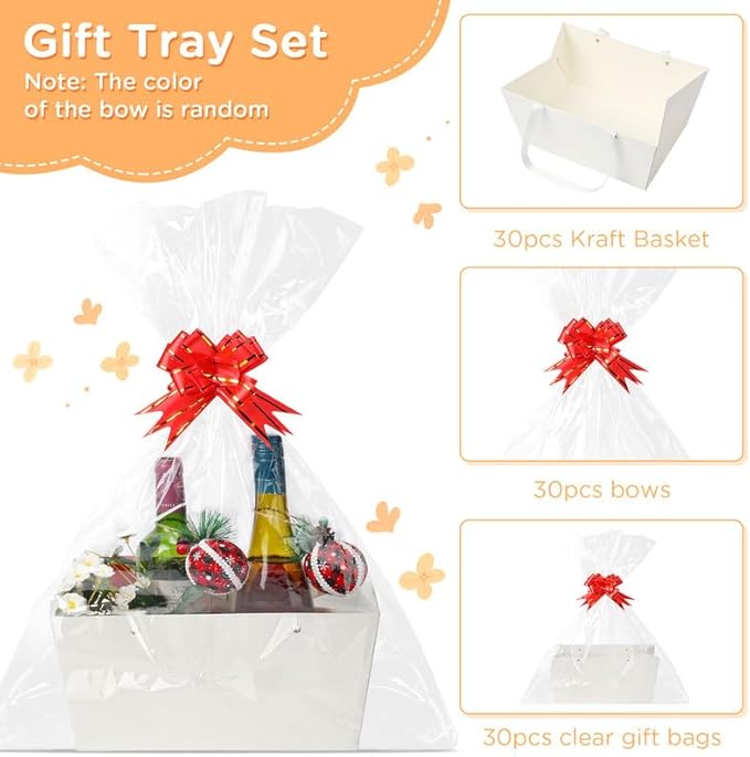 Tuanse 30 Pcs Basket for Gift Empty DIY Bulk Gift Basket Kit with Handle Kraft Cardboard Tray with 30 Bag 30 Bow Market Tray for Wedding Party(White,12.6 x 9.8 x 5.9 in)