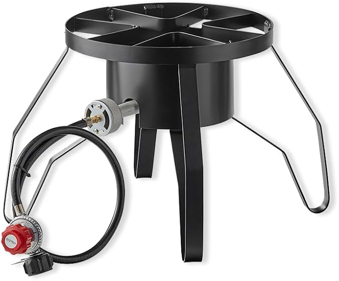 Portable Gas Stove with Hose Guard, Steel Heavy Duty Single Burner Outdoor Patio Stove, Tank Cooker Perfect for Deep Frying or Steaming, Turkey Fry, Catered Events, Camping, Range - 110,000 BTU