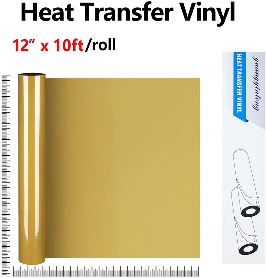 Guangyintong Heat Transfer Vinyl Rolls, 12" x 10ft Golden HTV for T-Shirts, Matte Surface, Easy to Cut & Weed for Heat Vinyl DIY Design