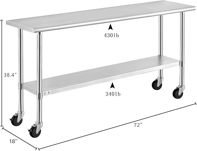 ROCKPOINT Stainless Steel Table for Prep & Work with Caster Wheels 18x72 Inches, NSF Metal Commercial Kitchen Heavy Duty Table with Adjustable Under Shelf and Table Foot for Restaurant, Home and Hotel