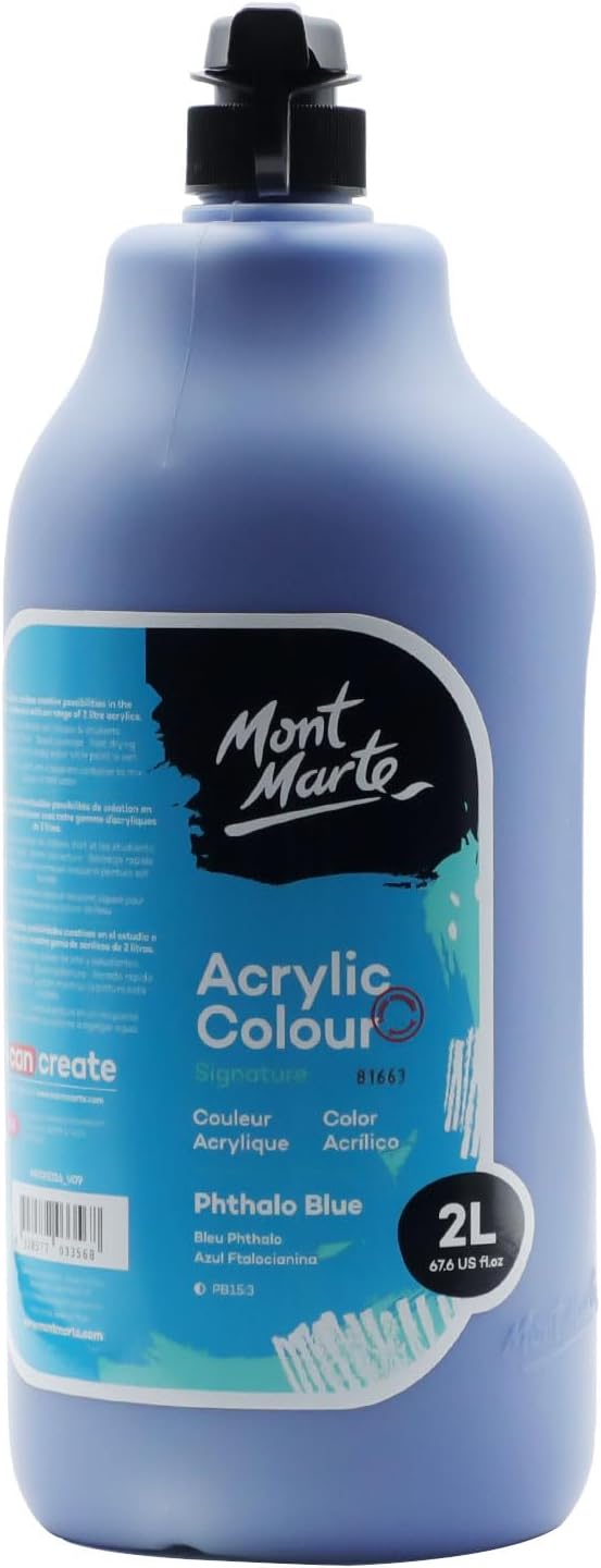 Mont Marte Discovery School Acrylic, Phthalo Blue, 1/2 Gallon (2 Liter). Ideal for Students and Artists. Excellent Coverage and Fast Drying. Pump Lid Included.