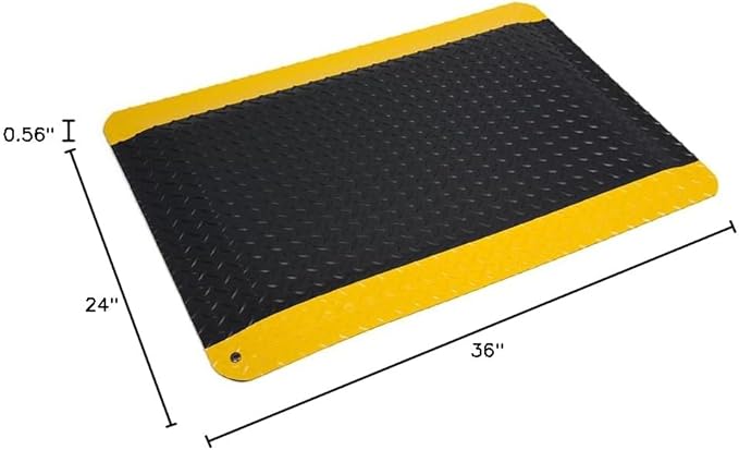 Wearwell Diamond-Plate Select Mat - Black/Yellow. Anti-Fatigue Workstation Mat. 2' W x 3' L x 9/16" Thickness. PVC Vinyl Surface with PVC Sponge. For Dry Industrial Use (495.916x2x3BYL)