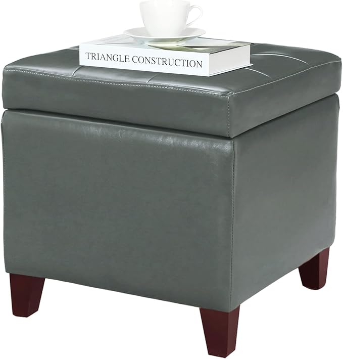 Homebeez Tufted Faux Leather Storage Ottoman Square Cube Foot Rest Stool with Flip Top (Grey)