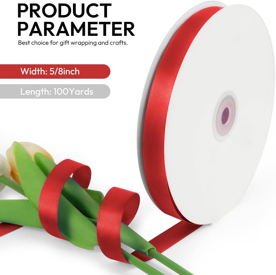 5/8 Inch 100 Yards Satin Ribbon Red, Solid Color Fabric Ribbon for Gift Wrapping, Wedding, Polyester Gift Ribbon for Birthday Party Decoration, Valentine's Day, Craft, Hair, Floral, Sewing