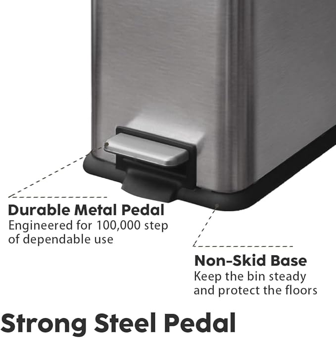 12 Gallon Slim Trash Can Kitchen, Stainless Steel Trash Can with Removal Inner Bucket and Soft-Close Lid, Pedal Garbage Can 45 Liter, Kohler Grey
