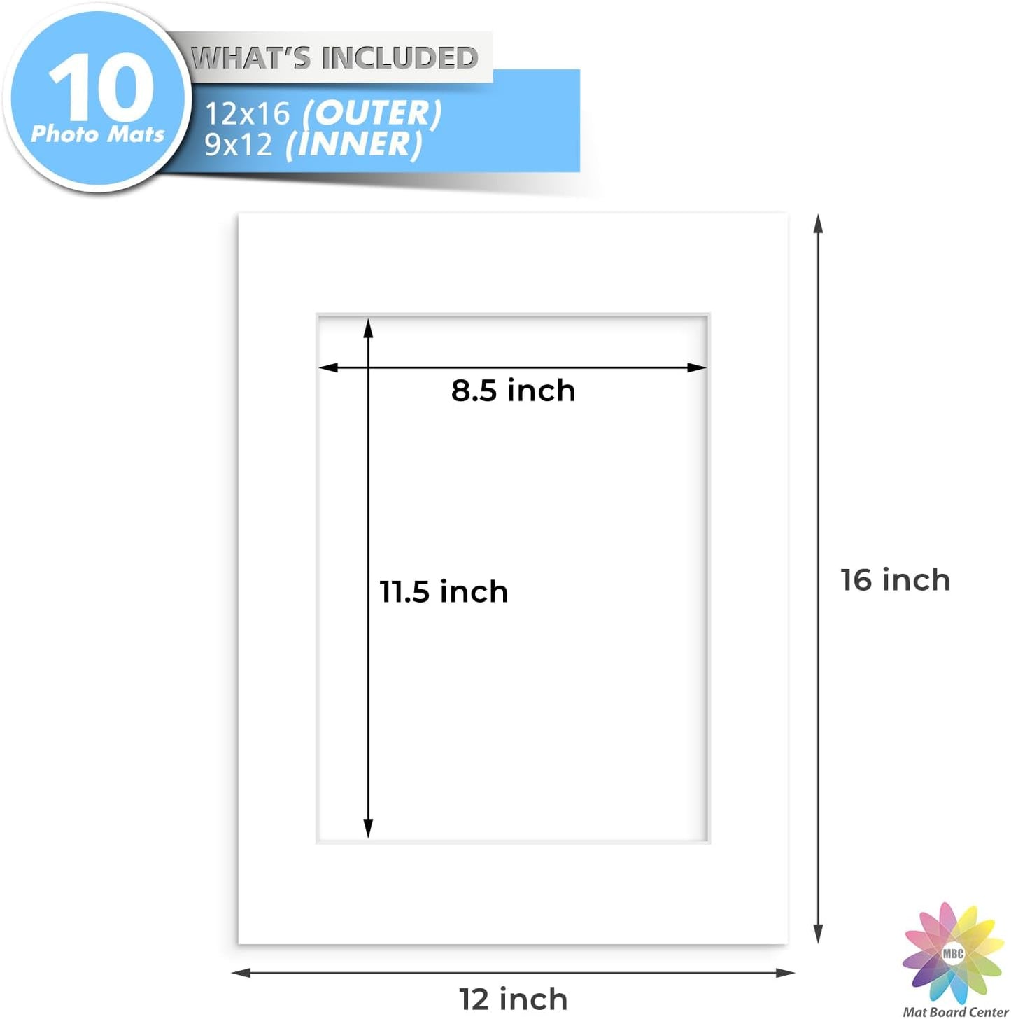 MBC MAT BOARD CENTER, 10 Pack 12x16 for 9x12 White Picture Mats Frame Mattes, Bevel Cut, Acid Free, 4-ply Thickness
