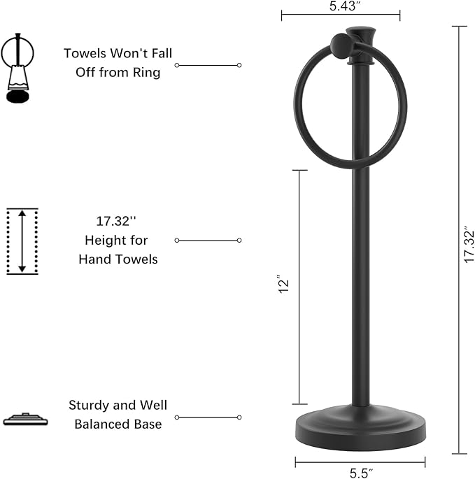 Hoimpro 17 Inch Stand Hand Towel Holder Towel Bar Towel Hanging Ring, Free Standing Floor Hand Towel Rack Storage for Bathroom Kitchen Vanity Countertops, Hardware Accessories(Matte Black)