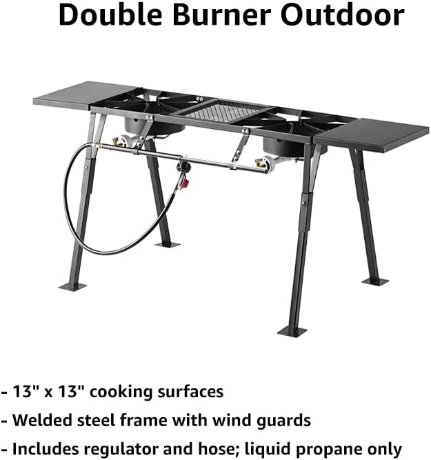 Gas Stove with Hose Guard and Side Shelves, Steel Heavy Duty Double Burner Outdoor Patio Stove, Tank Cooker Perfect for Deep Frying or Steaming, Turkey Fry, Catered Events, Camping, Range - 110,000BTU