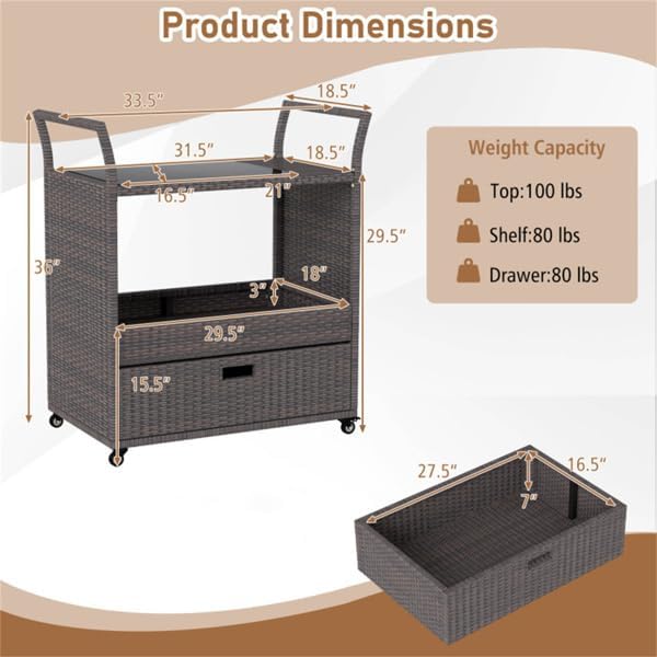 Outdoor Wicker Bar Cart with Drawer, PE Rattan Serving Trolley with Glass Top & Wheels, Mobile Beverage Station for Patio Garden Backyard Poolside, Brown
