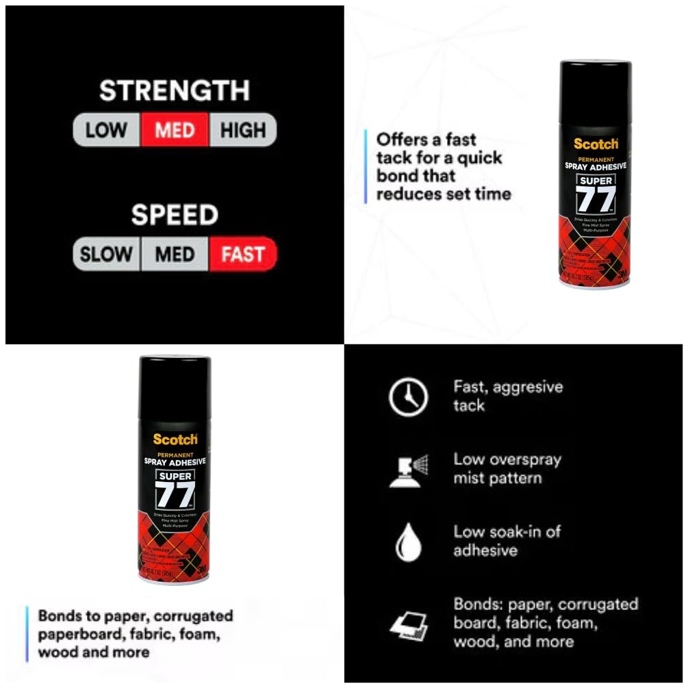 Scotch Super 77 Multipurpose Adhesive Spray, Bonds to Fabric, Cardboard, Plastic, Metal, Wood, Felt, and More, 10.7 Ounces (7716)