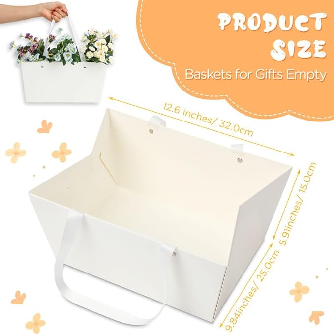 Tuanse 30 Pcs Basket for Gift Empty DIY Bulk Gift Basket Kit with Handle Kraft Cardboard Tray with 30 Bag 30 Bow Market Tray for Wedding Party(White,12.6 x 9.8 x 5.9 in)