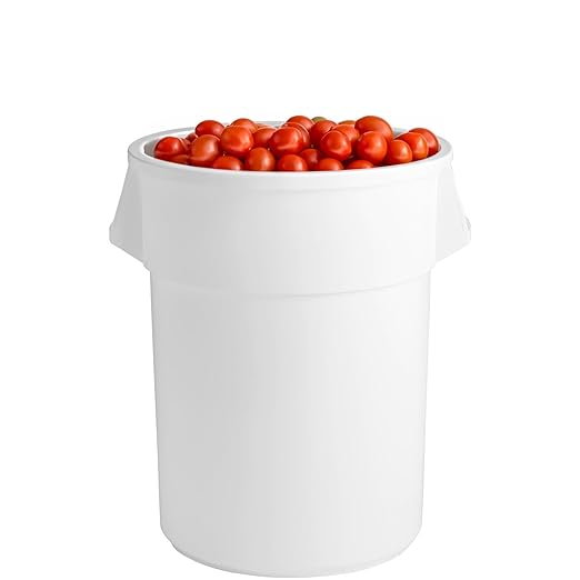 PRO&Family Commercial Round Trash Can with Lid and Dolly Rolling Waste Container, Ingredient Bin, Heavy-Duty Plastic, Anti-Static, Kitchen, Office, Outdoor Use (White, 55 Gallon)