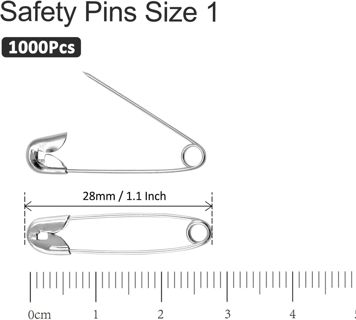 1000PCS 28mm / 1.1 Inch Heavy Duty Quilting Pins, Medium Safety Pins Size 1, Silver Metal Sewing Pins, Sharp Pins for DIY Crafts Jewelry Making Baby Clothing (Nickel Plated)