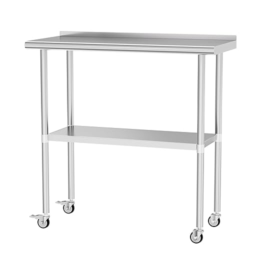 Stainless Steel Table with Wheels 18 x 36 Inches Metal Prep Table with Backsplash & Caster, Adjustable Undershelf for Commercial Kitchen, Outdoor, Restaurant, Hotel & Garage