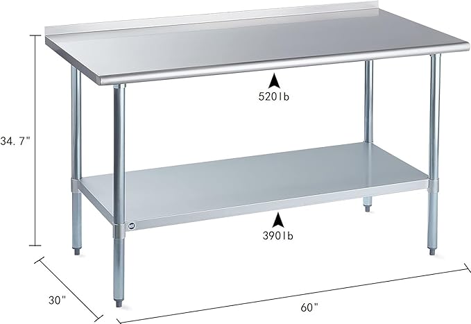 ROCKPOINT Stainless Steel Table for Prep & Work with Backsplash 30x60 Inches, NSF Metal Commercial Kitchen Heavy Duty Table with Adjustable Under Shelf and Table Foot for Restaurant, Home and Hotel