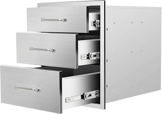 Outdoor Kitchen Drawers 18"Wx21"Hx23"D Flush Mount Access 3-Drawer BBQ Stainless Steel Drawers with Handle for Outdoor Kitchen Island or Grill Station