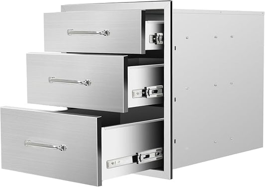 Outdoor Kitchen Drawers 18"Wx21"Hx23"D Flush Mount Access 3-Drawer BBQ Stainless Steel Drawers with Handle for Outdoor Kitchen Island or Grill Station