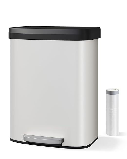 Garvee 16 gal / 60 L Metal Trash Can with Lid, Large Garbage Can for Kitchen, Rustproof Step-on Kitchen Metal Trash Bin with Liner Rim, Rear Handle, Soft Close Plastic Lid, White