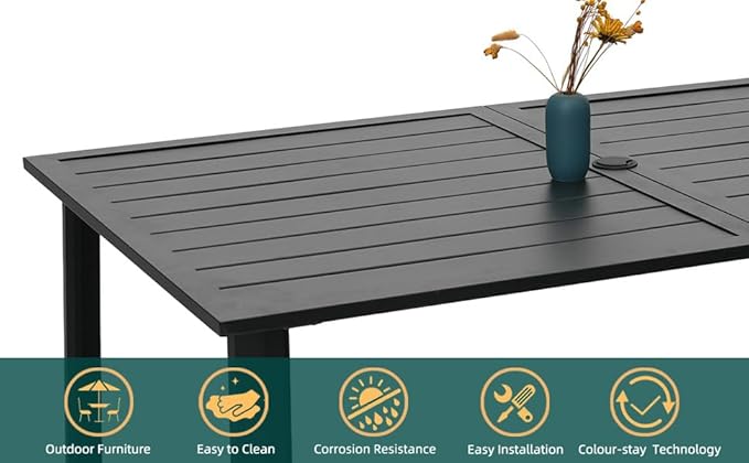 Patio Rectangle Dining Table with Metal Straight Leg and Slat Top for 6 Person, 63"x38"