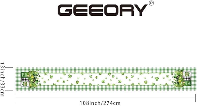 GEEORY St. Patrick's Day Table Runner 13 x 108 Inch, Shamrocks Plaid Mason Jar Decorative Holiday Table Decoration for Kitchen Dinning, Indoor Outdoor Dinner Party Décor GT142-108