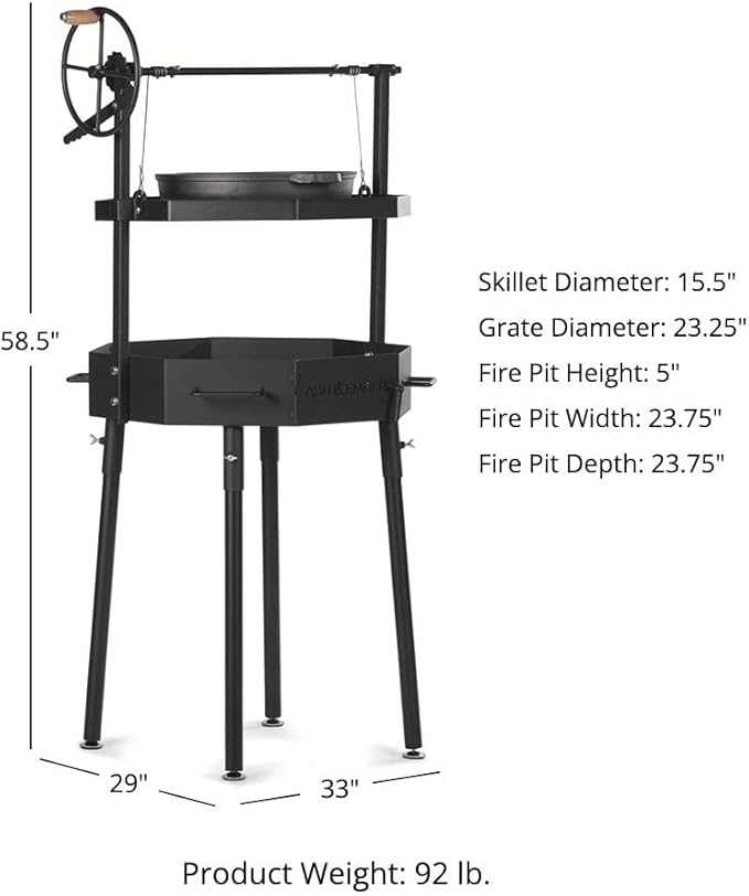 TITAN GREAT OUTDOORS Ash & Ember Santa Maria Grill, Argentine Style Open Fire Grill, Adjustable Cooking Grate with Flywheel, BBQ Grill Comes with Cast Iron Skillet