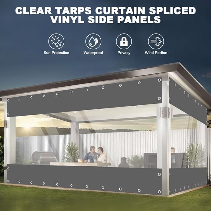 Clear Vinyl Curtains for Patio Enclosure, 23oz Heavy Duty Waterproof Anti-UV and Tear-Resistant Tarpaulin with Grommets, Weatherproof Panels for Porch, Pergola, Gazebo, Balcony, Outdoor