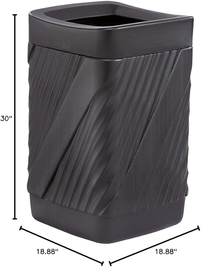 Safco 9372BL Twist Indoor Outdoor Open Top Plastic Trash Can, 32-Gallons, Touch-Free Disposal, Weather-Resistant, Ideal for Busy Environments, Black, 18.875"D x 18.875"W x 30"H