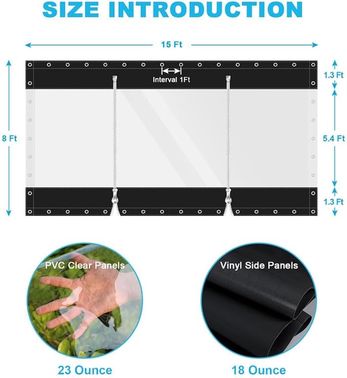 Clear Vinyl Curtains with Zippered Entry, 23oz Heavy Duty Waterproof Anti-UV and Tear-Resistant Tarpaulin with Grommets, Weatherproof Panels for Porch, Pergola, Gazebo, Balcony, Patio, Enclosure