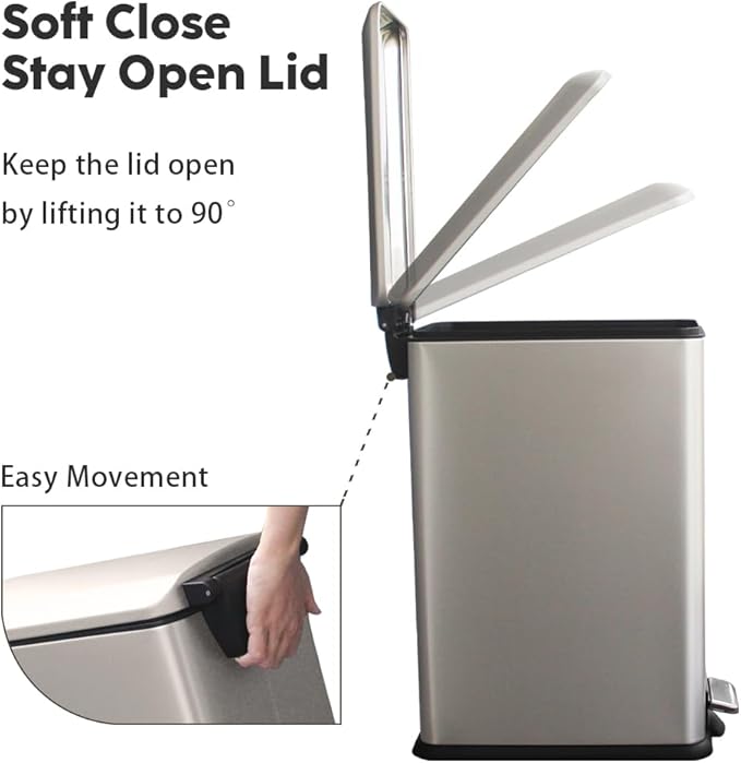 Bathroom Bin 10L, Small Kitchen Bins with Soft Close Lid,Slim Pedal Bin with Removable Inner Bucket,Small Bins for Bathroom,Kitchen,Bedroom,and Office,grey