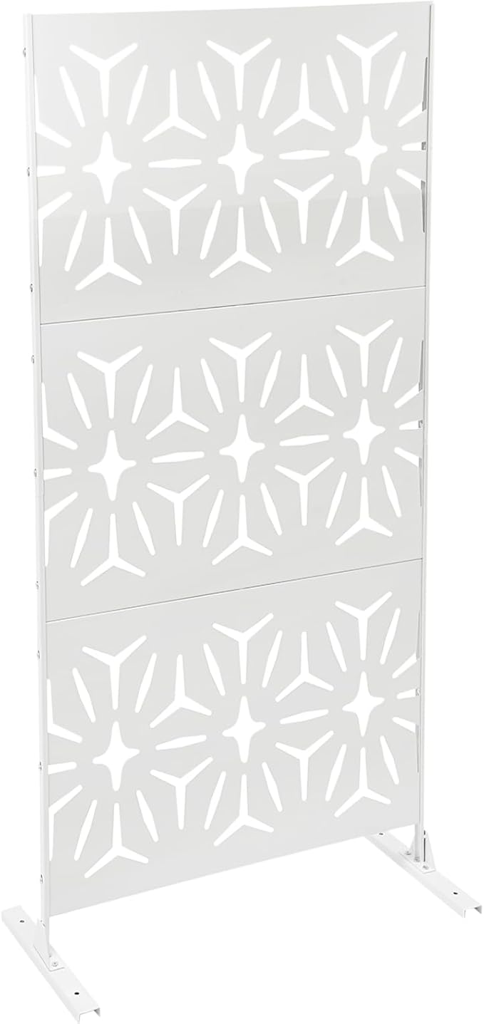 75" H×35" W Decorative Outdoor Privacy Screen with Stand, Outdoor Decor Privacy Fence Screen Metal Fence Panels, Free Standing Metal Divider for Patio Lawn Deck (White-Small Rhombus)