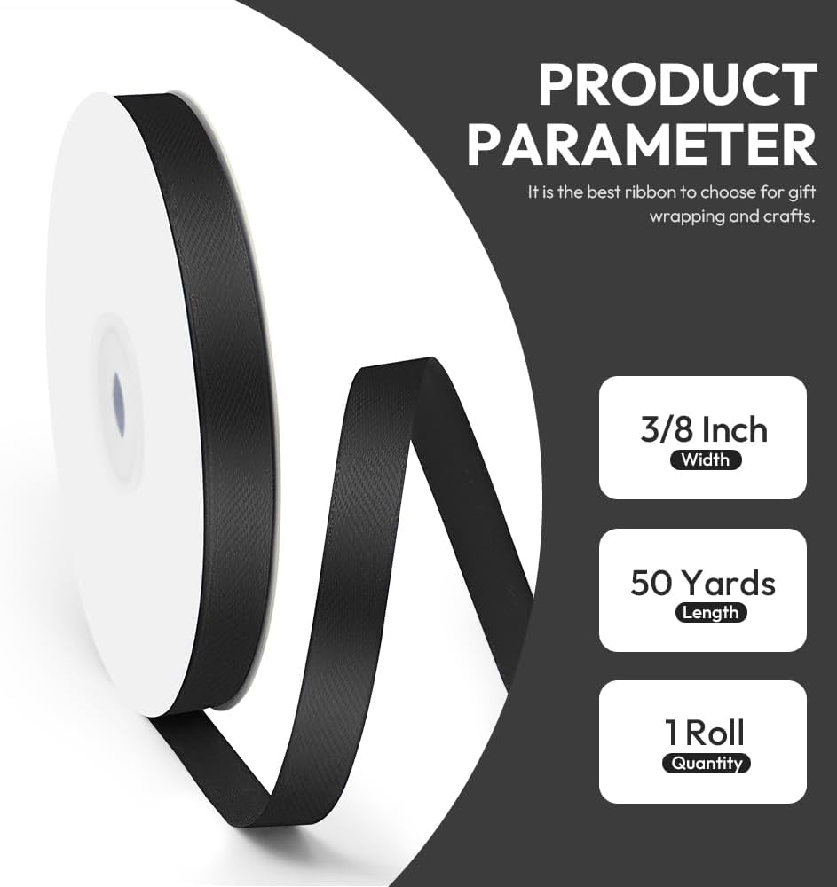 3/8" x 50 Yards Satin Ribbon - Black Silk Ribbon with Spool - Ideal for Gift Wrapping, Floral Bouquets, Crafts, Wedding Party Decorations, Christmas and Sewing Projects