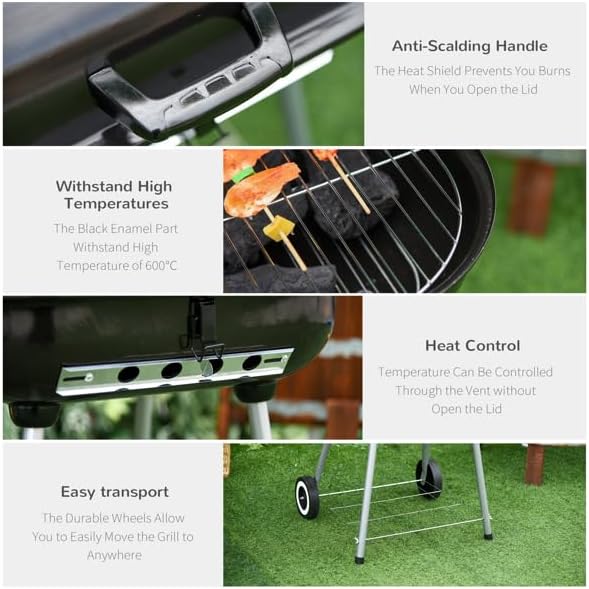 Portable Charcoal Grill with Wheels, 21-Inch BBQ Kettle Grill with Foldable Side Shelf & Warming Rack, Porcelain-Enameled Locking Lid & Adjustable Air Vent for Outdoor Camping, Patio, Backyard, Black