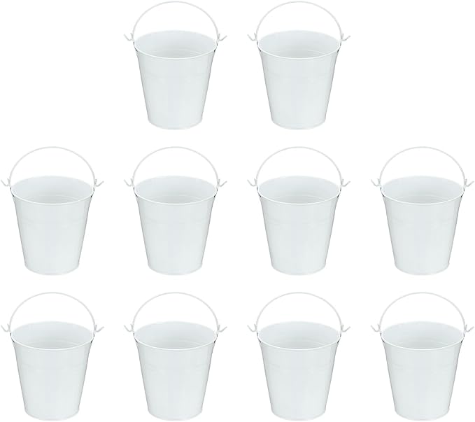 Small Metal Buckets, Mini Buckets with Handle Galvanized Colored Tin Pail Containers Basket Party Supplies - Fit for (Halloween - Classroom Crafts) 4" & 10Pcs & White
