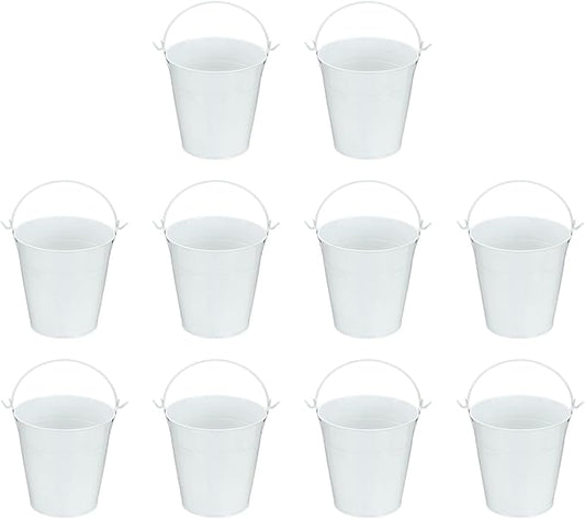 Small Metal Buckets, Mini Buckets with Handle Galvanized Colored Tin Pail Containers Basket Party Supplies - Fit for (Halloween - Classroom Crafts) 4" & 10Pcs & White