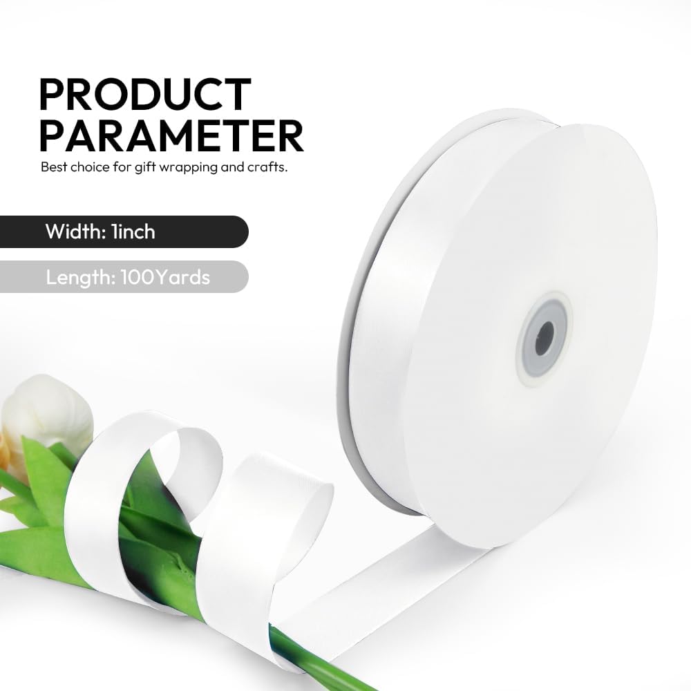 1 Inch 100 Yards Satin Ribbon White, Solid Color Fabric Ribbon for Gift Wrapping, Wedding, Polyester Gift Ribbon for Birthday Party Decoration, Craft, Hair, Floral, Sewing