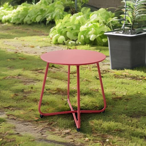 Patio Small Side Table Waterproof Round Metal Steel Weather Resistant Portable Outdoor and Indoor End Table for Garden Balcony Yard, Red