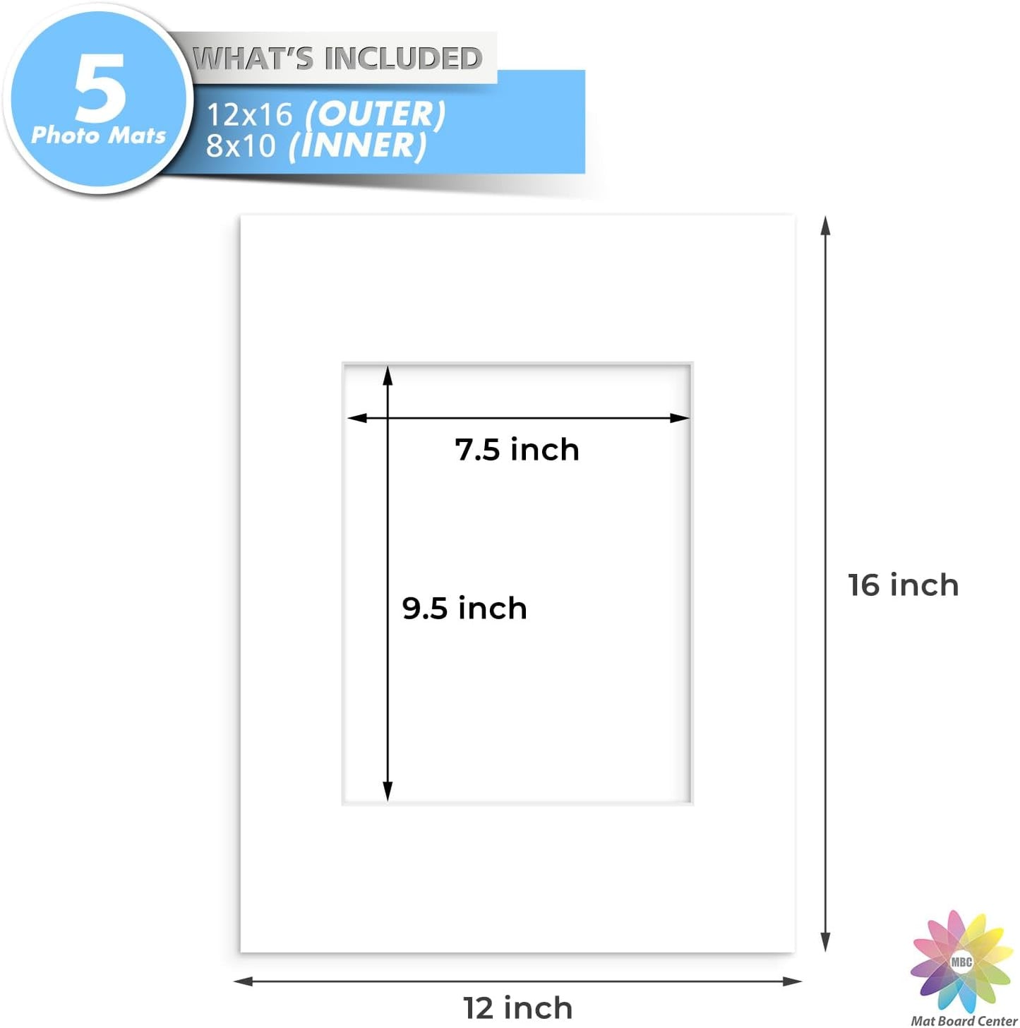 MBC Mat Board Center, 5 Pack 12x16 for 8x10 White Picture Mats Frame Mattes, Bevel Cut, Acid Free, 4-ply Thickness
