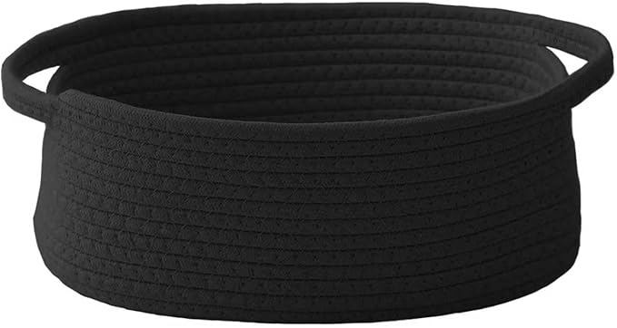 Woven Basket,Small Rope Storage Bin with Handles & Ribbon Bag, Organizer for Shelves Closets,Gift Basket Empty for Birthday,Books,Dog Toys, Black