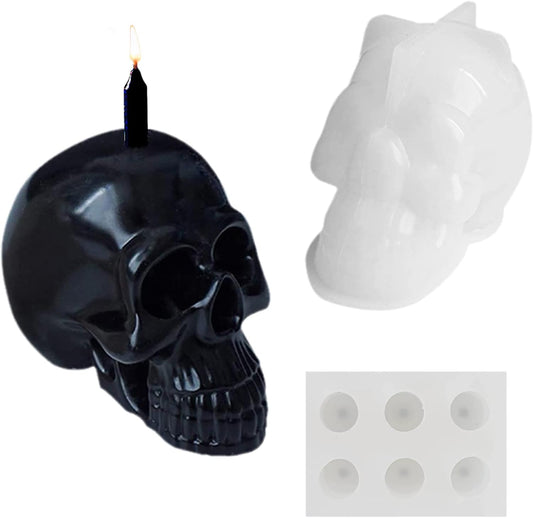 3D Skull Candle Silicone Molds Set, Skull Mold and 6 Holes Mini Candle Mold, The First Choice As Gift for Halloween Plaster Decoration Clay Soap Making Cake Fondant Mould Festival Gifts