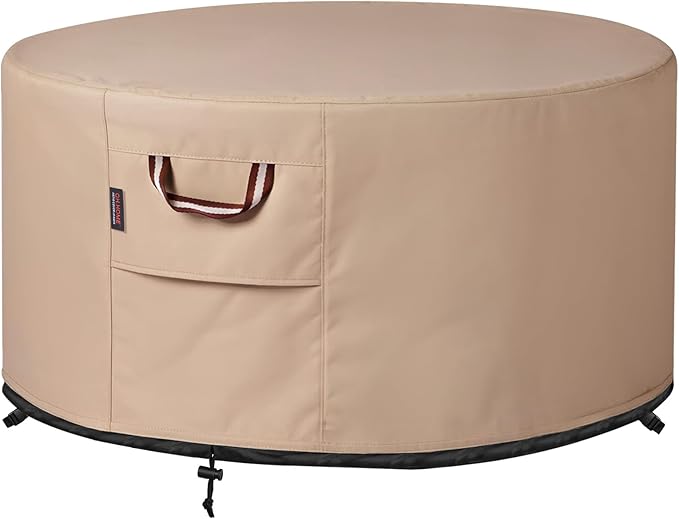 QH.HOME Fire Pit Cover Round-25-28 Inch Heavy Duty 900D Strong Tear-Resistant and UV Resistant and Waterproof and Fading Resistant Material Polyester Firepit Covers Round for Outdoor Fire Pit-Wheat