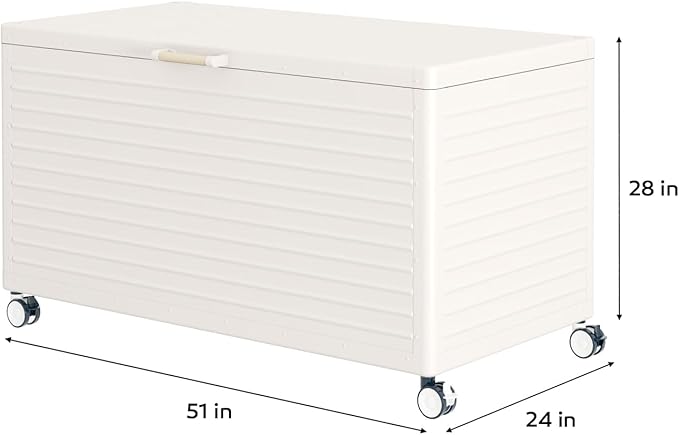 MIRADOR 134 Gallon Outdoor Storage Box Waterproof, Metal Deck Box with wheels for Patio Furniture, Garden Tools, Outdoor Cushion, Latte