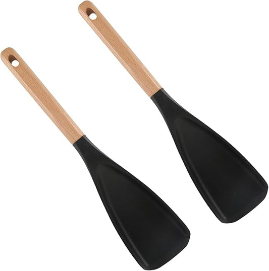 2-Pack Cedar and Ash Spoonula, Multifunction Spatula Cooking Spoon,Non stick Flat Serving Spoons, Heat Resistant Kitchen Cucharras for Mixing, Stiring, Scooping, Scraping, Basting (Black)