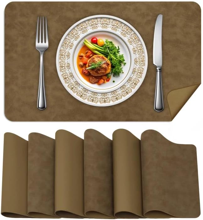 BLESWIN Faux Leather Placemats, Set of 6, 12×17 Inch -Double Side Texture Color Table Mats, Heat-Resistant, Waterproof and Oil-Resistant, Suitable for Dining Room, Kitchen, Party, Outdoor - Khaki