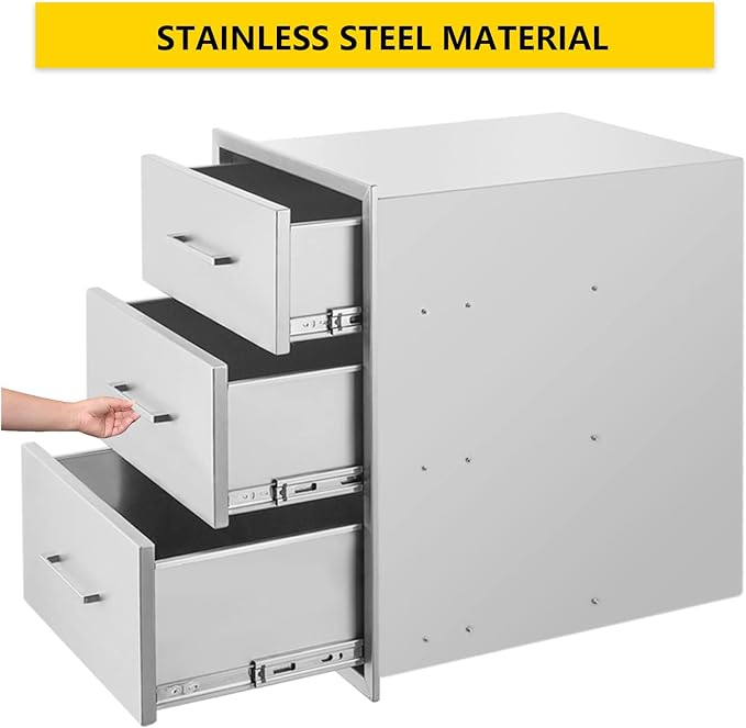 TIANAI Outdoor Kitchen Drawer 14" W x 21" H x 21" D Stainless Steel BBQ Drawer with Exquisite Handle Three-Opening Drawer for Embedded Installation