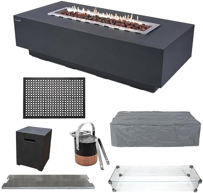 Elementi Granville Fire Pit Bundle Outdoor Firepit Set Includes 60” Dark Grey Propane Concrete Firepit Table, Glass Windscreen, Stainless Steel Cover, Canvas Cover, Floor Mat, Ice Bucket